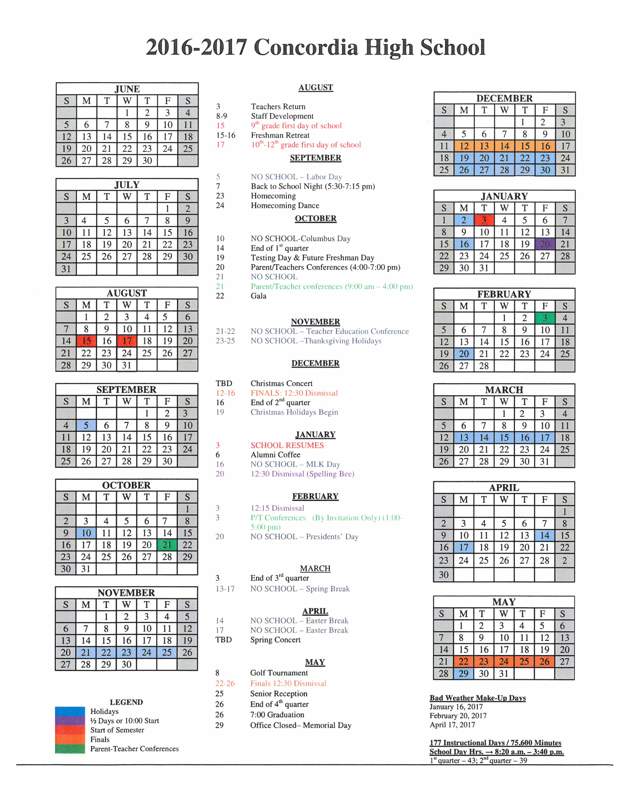 Concordia Academic Calendar Time Table